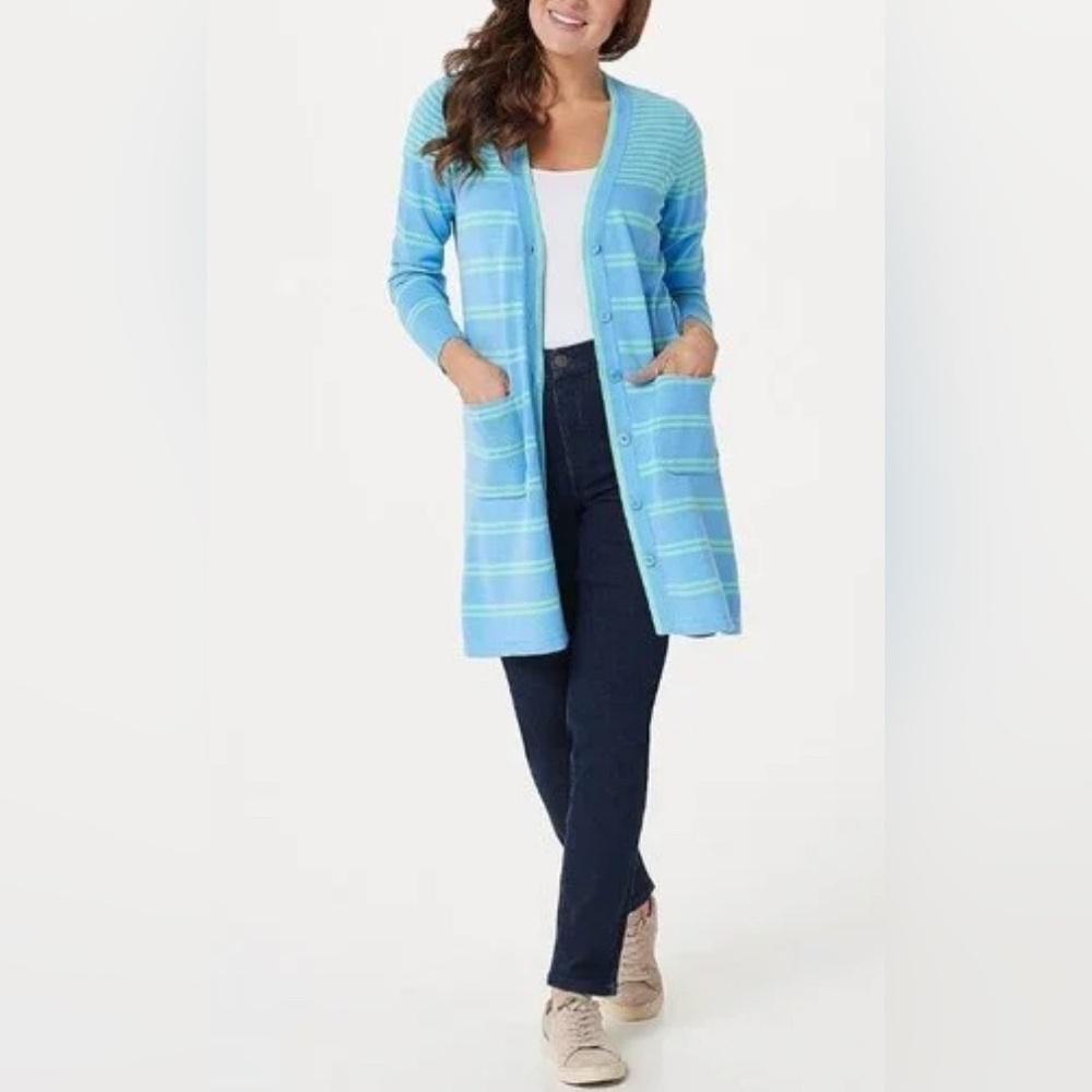 Isaac Mizrahi Women’s 3X  Live! Stripe Longline Long Cardigan Skyline Blue Teal